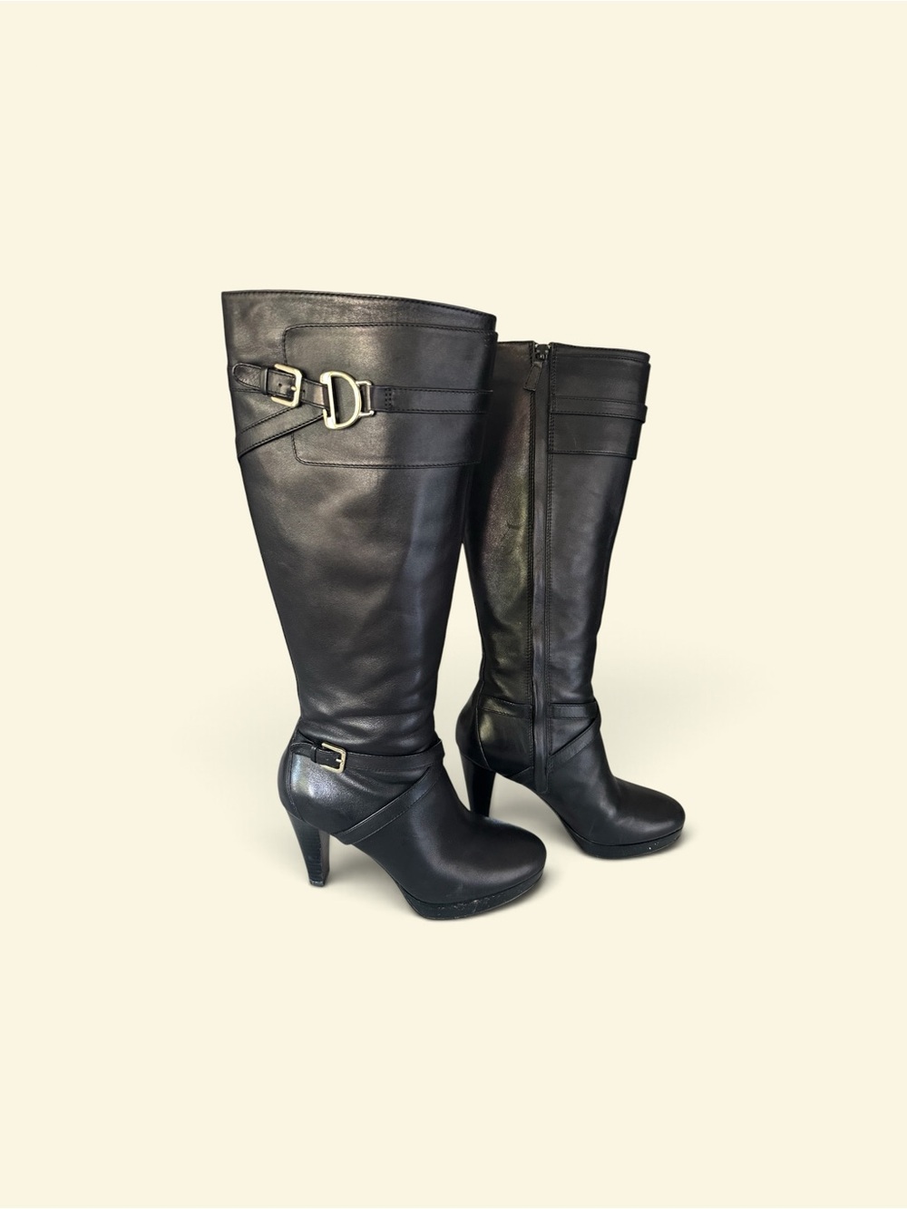 Cole Hann Women's Black Leather Knee-High Heeled Boots featuring Nike air